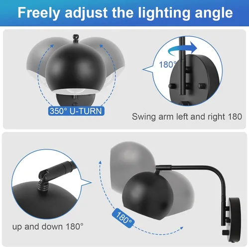 Miniatura 3 de VATONI Apliques de pared enchufables, Apliques de pared regulables con brazo oscilante con cable de enchufe y interruptor de regulación y Negro