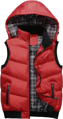 Miniatura 37 de WENKOMG1 Chaleco con capucha con doble cremallera para hombre, abrigo de color sólido, abrigo cálido y grueso, sin mangas, chaqueta suelta