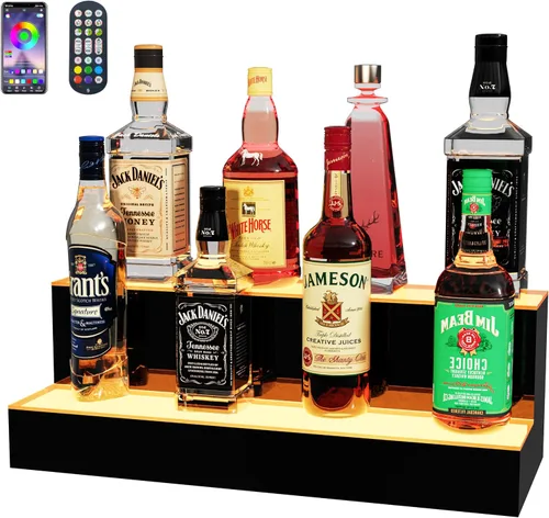 Miniatura 14 de MESAlLUP - Estante de exhibición de botellas de licor iluminado de 2 niveles de 16 pulgadas, estantes de barra LED con aplicación o control remoto