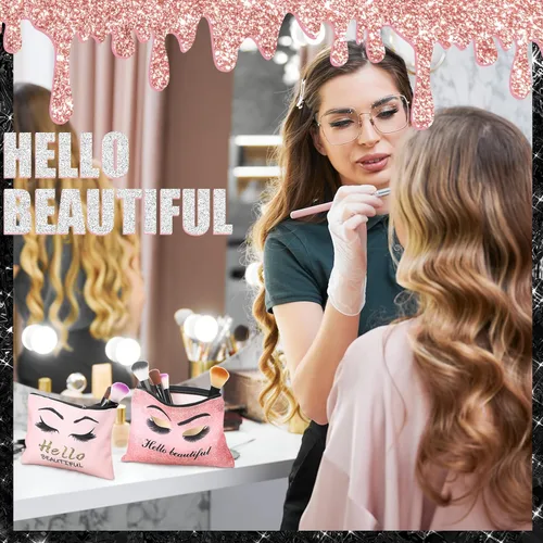 Miniatura 5 de Gerrii 6 bolsas de maquillaje Hello Gorgeous de lona rosa para pestañas, bolsa de cosméticos pequeña para pestañas, bolsa de viaje, regalo