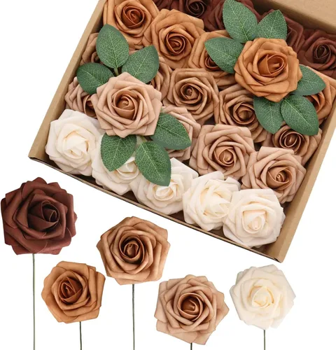 Miniatura 8 de Flores artificiales, 25 rosas de espuma de aspecto real, rosas falsas con tallos para ramos de boda, centros de mesa, baby shower, fiesta