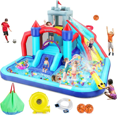 Miniatura 9 de Parque acuático inflable de la casa de la despedida - Diapositiva para niños con soplador de aire, piscina de salpicaduras y diseño de castillo