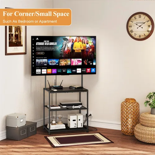 Miniatura 7 de Soporte de TV de esquina pequeño de piso de 23 a 50 pulgadas con estantes de almacenamiento para sala de estar y dormitorio, soportes de televisión
