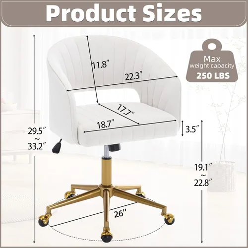 Miniatura 2 de ABET Silla de escritorio con ruedas, silla de terciopelo para oficina en casa, sillón giratorio con base dorada, sillas decorativas modernas Crema