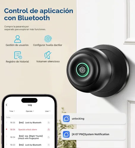 Miniatura 6 de Cerradura de puerta por huella dactilar, perilla de puerta inteligente con cerradura, perilla de puerta biométrica con aplicación y llave, cerradura