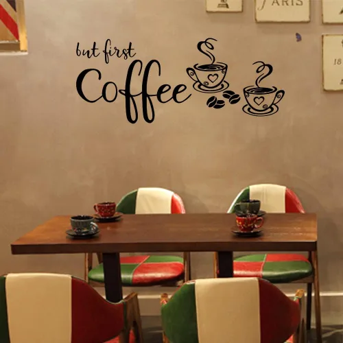 Miniatura 2 de Pegatina de vinilo para pared con texto en inglés «But First Coffee» para cafetería, cocina, hogar, decoración de pared
