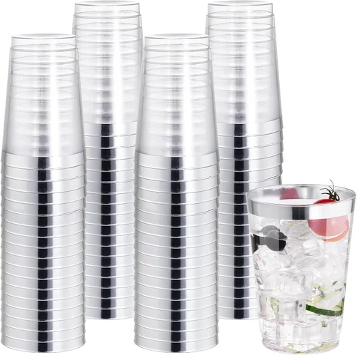 Miniatura 19 de I00000 Paquete de 100 unidades de vasos de plástico dorado de 12 onzas, vasos desechables con borde dorado, vasos de vino desechables y copas