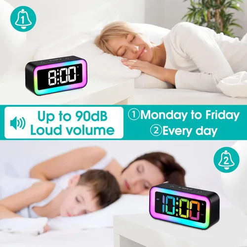 Miniatura 5 de Cadmos Reloj despertador fuerte para dormitorios con luz nocturna RGB dinámica, para adultos que duermen profundamente, doble alarma, atenuador