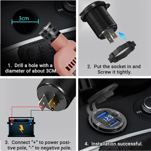 Miniatura 7 de Paquete de 2 salidas USB de 12 V, carga rápida dual 3.0, cargador de aluminio impermeable con voltímetro LED e interruptor de alimentación