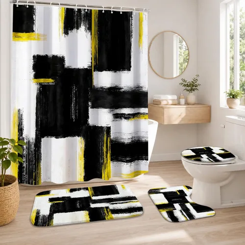 Miniatura 24 de Lnond 4 Piezas Juegos de Cortinas de Ducha de Baño Moradas con Alfombras, Arte de Pintura Púrpura y Gris Juegos de Baño con Cortina de Ducha