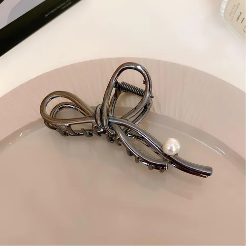 Miniatura 7 de Pinzas de metal negro con diseño de perlas blancas, elegantes horquillas francesas, pinzas de mandíbula negras para cabello grueso y fino, sin