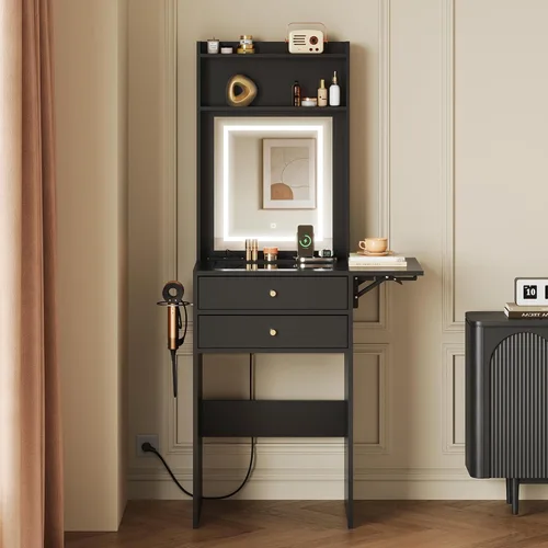 Miniatura 8 de WLIVE Pequeño escritorio negro con espejo y luces, juego de tocador de maquillaje compacto con panel plegable y silla, tocador con estación de carga