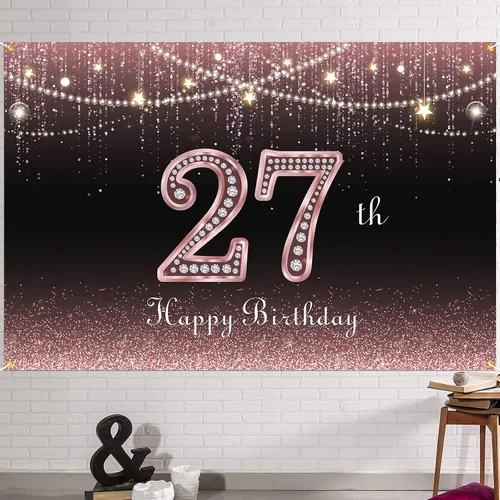 HAMIGAR Fondo de pancarta de feliz cumpleaños 27 de 6 x 4 pies, decoraciones de cumpleaños de 27 años, suministros de fiesta para mujeres, oro rosa