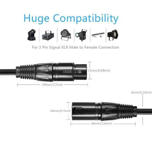 Miniatura 6 de Cable DMX flexible de 10 pies, cable DMX chapado en oro de 3 pines XLR macho a hembra, lo mejor para iluminación de escenario de DJ, luces de cabeza