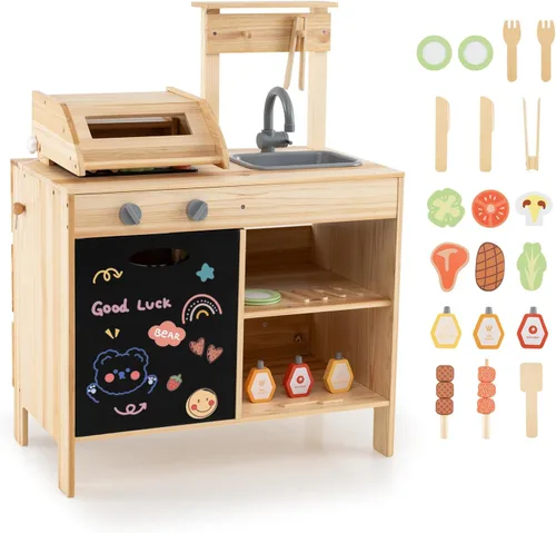 Miniatura 10 de HONEY JOY Cocina de barro, juego de parrilla de madera de abeto para niños al aire libre, juego de comida y herramientas de parrilla, bandeja