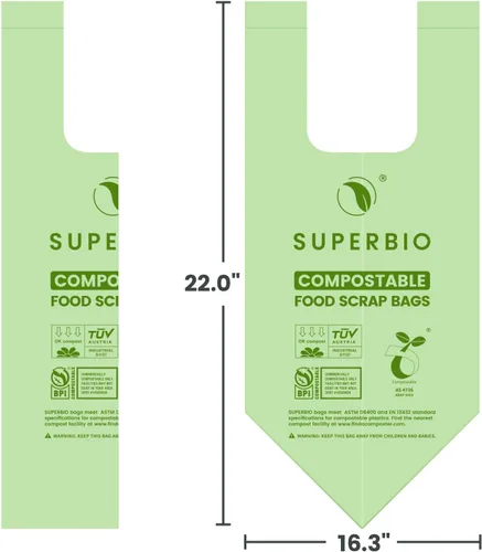 Miniatura 5 de SUPERBIO Bolsas compostables de 2.6 galones con asas, 100 unidades, 1 paquete, bolsas de desechos de alimentos certificadas por BPI y OK compost