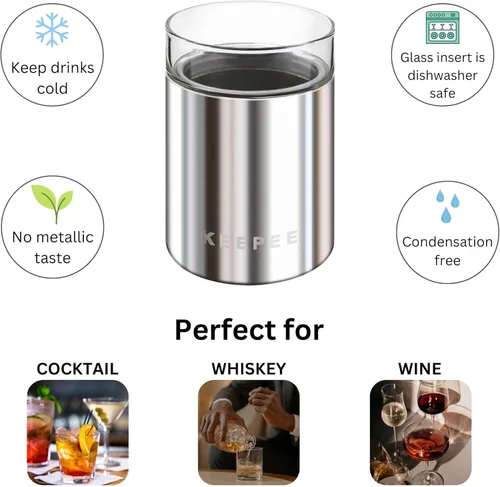 Miniatura 2 de Juego de 2 vasos de whisky, vaso aislado con inserto de vidrio extraíble, vaso de cóctel aislado, balón bajo antiguo para margaritas, bourbon, Acero