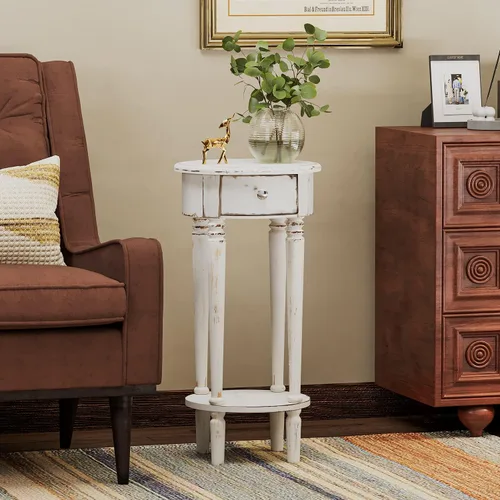 Miniatura 3 de COSIEST Mesa auxiliar alta con cajón, mesita de noche redonda con estante de almacenamiento, mesa auxiliar de teléfono industrial para sala