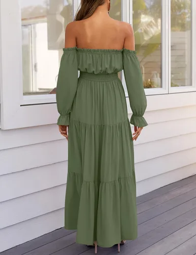 Miniatura 75 de ZESICA - Vestido largo, bohemio y sexy, con hombros descubiertos y manga larga fruncida, con elástico fruncido, cintura alta y abertura lateral