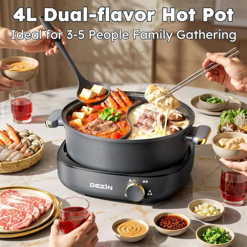 Miniatura 2 de Dezin Olla Caliente Eléctrica con Divisor, Shabu Shabu Eléctrico de 4L con Olla de Doble Sabor, 3.7" de Profundidad Antiadherente de Doble Lado