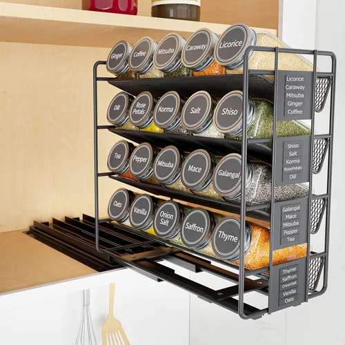 SpaceAid Organizador de especias extraíble con 20 frascos, organizador de condimentos deslizante de servicio pesado para gabinetes de cocina, con