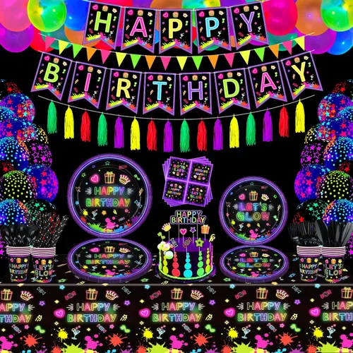 Paquete de 247 suministros de fiesta de neón que brillan en la oscuridad, decoraciones de fiesta con luz negra, platos, pancartas de luz negra,