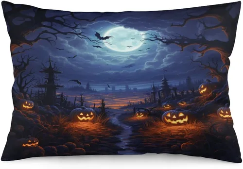 Miniatura 32 de Fundas de almohada frescas de casa embrujada, castillo, luna, bosque medieval, calabaza, fundas de almohada rectangulares con cremallera invisible