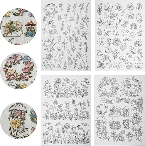 4 hojas preimpresas de flores silvestres y arbustos florecientes solubles en agua, estabilizador de patrón de bordado soluble en agua, patrones de
