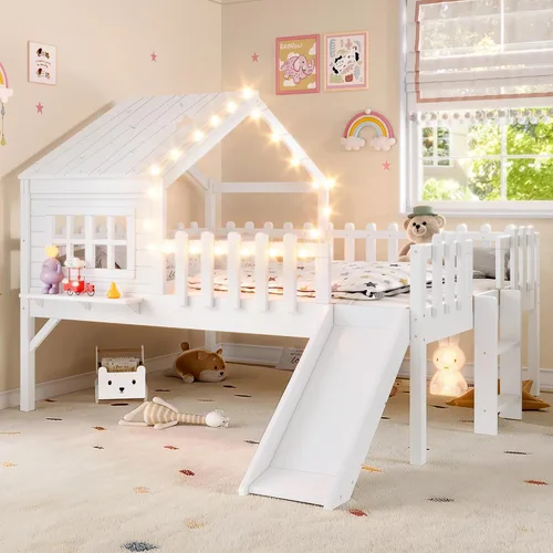 Miniatura 22 de Marco de cama de tamaño matrimonial para niños con escaleras, bonito techo y ventana en forma de estrella para niños y niñas, cama de plataforma