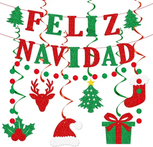 Cartel de Feliz Navidad – Cartel de Navidad mexicana española, decoraciones de purpurina roja y verde para el hogar, mantel de fiesta (premontado)