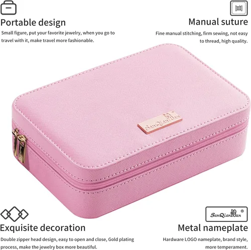 Miniatura 2 de SANQIANWAN Pequeña caja organizadora de viaje de joyería con estuche portátil de piel sintética para collares anillos aretes regalos para novia