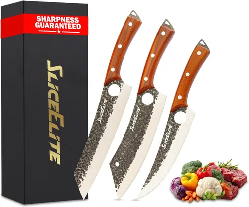 Miniatura 15 de SliceElite Cuchillo de carnicero profesional forjado a mano (juego de cuchillos de carnicero de 3 piezas con asas de madera de arena)