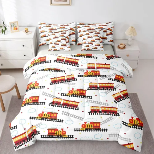 Miniatura 17 de Feelyou Juego de edredón de tren vintage de 7 piezas, diseño retro de motor de vapor para niños y niñas, juego de ropa de cama retro de tren