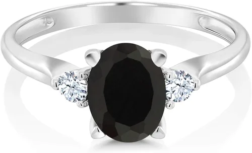 Miniatura 2 de Gem Stone King Anillo de compromiso de 3 piedras de oro blanco de 10 quilates con ónix negro y zafiro blanco para mujer