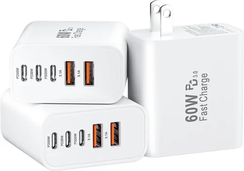 Miniatura 14 de Bloque de cargador de pared rápido USB C, paquete de 2 cubos de carga USBC de 60 W, adaptador de corriente PD+QC de 5 puertos ladrillo multipuerto