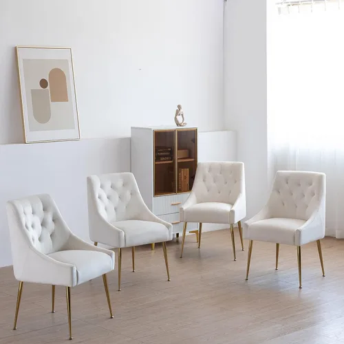 Miniatura 7 de Juego de 2 sillas de comedor modernas, sillas de mediados de siglo con cojines de 5.12 pulgadas y patas doradas, sillas de comedor tapizadas