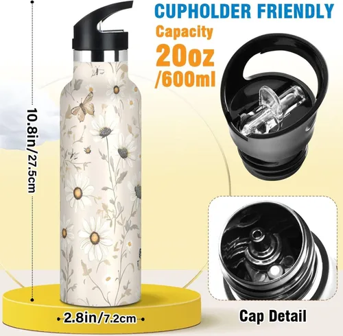 Miniatura 2 de Sport Insulated Water Bottle with Leak Proof Spout Lid Vacuum Insulated BPA-Free Leak Proof for Travel, Camping, Sports, Rustic Daisy Beige