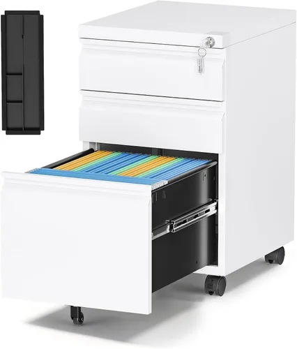 Miniatura 11 de Archivador de metal con 2 cajones con cerradura, gabinete archivador con soporte para impresora móvil y estantes para archivos de tamaño Negro