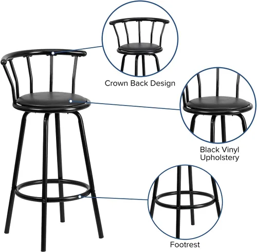 Miniatura 7 de Flash Furniture Taburete de bar Charla Crown Back de metal negro con asiento giratorio de vinilo negro