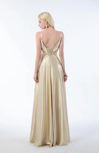 Miniatura 2 de Vestido de dama de honor de satén con cuello en V para mujer, largo, plisado, vestido formal con abertura