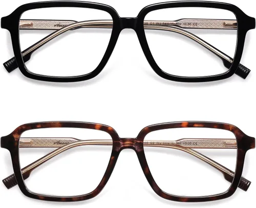 AMOMOMA Paquete de 2 lentes de lectura retro para mujeres y hombres, marco rectangular para lector de computadora con luz azul AM6198