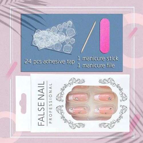Miniatura 3 de Uñas postizas a presión con puntas francesas, uñas postizas de color rosa medio con diamantes de imitación brillantes, uñas postizas acrílicas
