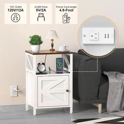 Miniatura 5 de Mesa auxiliar de granja con estación de carga, puertos USB de 3 niveles y mesa auxiliar, mesa auxiliar compacta para espacios pequeños, mesa blanco-K