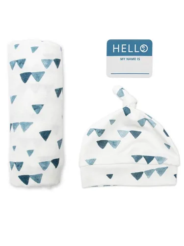 Miniatura 2 de Lulujo Baby Hello World - Juego de gorro y manta para recién nacido, triángulo azul azul ((Triangle Blue)