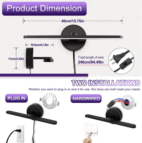 Miniatura 4 de Lámparas de baño con enchufe de 15.75 pulgadas, modernas luces negras de tocador sobre el espejo, luz cálida de 3000 K, no regulable, luz de imagen
