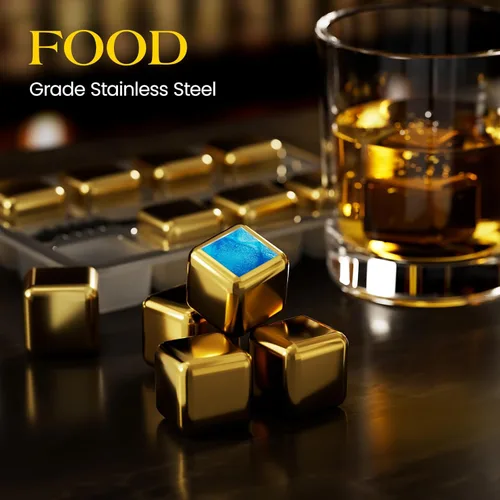 Miniatura 5 de Kollea piedras para whisky, juego de 8 piedras de acero inoxidable dorado para enfriar whisky, cubos de hielo reutilizables para bebidas, accesorios