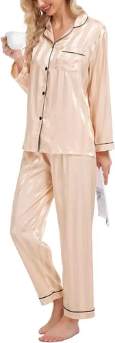 Miniatura 3 de SWOMOG - Pijama de satén de seda para mujer, conjunto de dos piezas con botones, ropa de dormir