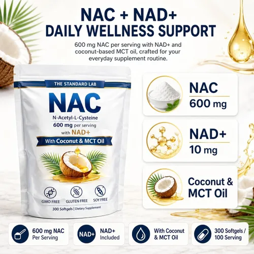 Miniatura 2 de The Standard Lab NAC 600mg con complejo diario NAD+, 300 cápsulas blandas NAC 600mg Per Serving With NAD+ Daily Support, GMO Free, Gluten Free