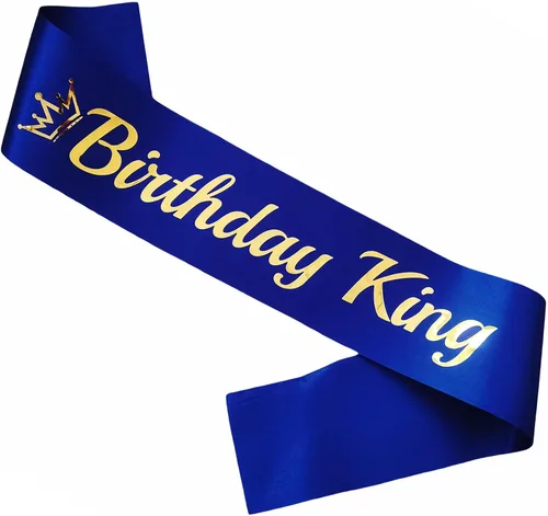 Miniatura 7 de Banda de cumpleaños King azul real, banda de cumpleaños de papel de aluminio plateado para King divertidas decoraciones de fiesta de cumpleaños