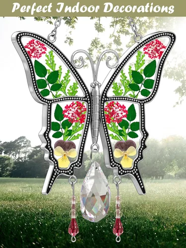 Miniatura 3 de KY&BOSAM Atrapasoles de cristal con diseño de mariposa para colgar ventanas, chaim de viento con flor preservada y dije de corazón de metal, regalo